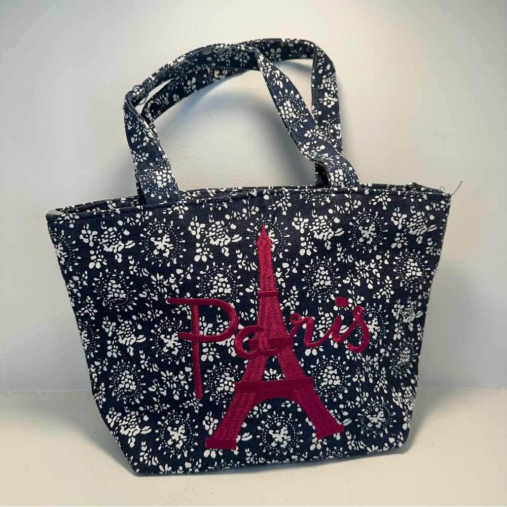 Paris Eiffel Tower Embroidered Zip Purse Handbag Lunch Bag Blue Floral Handles